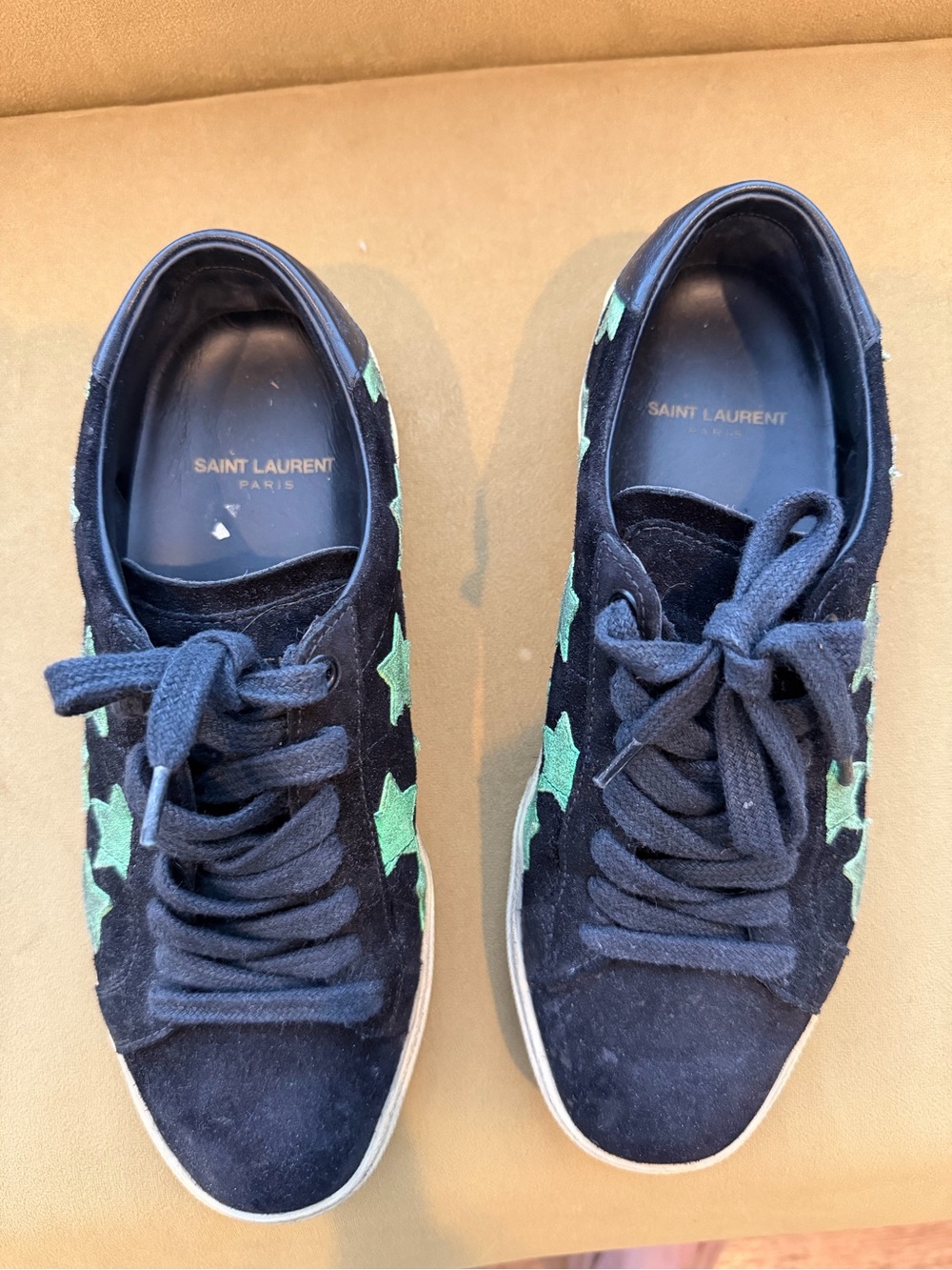 Saint Laurent Black Suede Low-Top Sneakers with Green Star Details